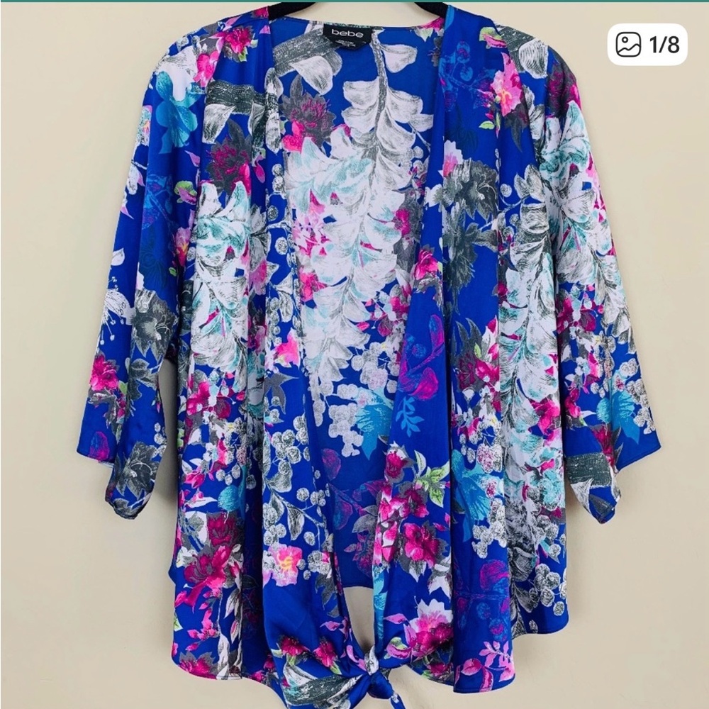 Bebe Kimono Wrap Top Floral Blue Tie Up Blouse